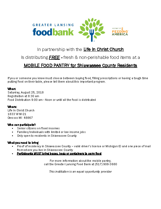 Shiawassee County Mobile Food Pantry (August 2018) - Greater Lansing ...